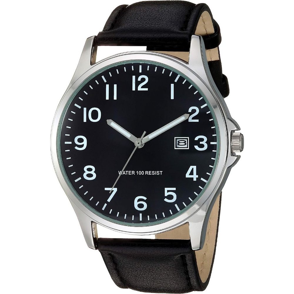 Men's Black Essentials Easy to Read Strap Leather Watch